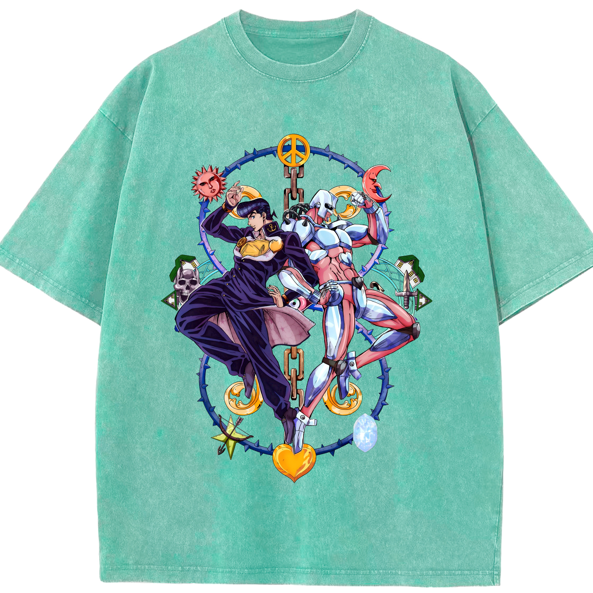 （画像用） ジョジョの奇妙な冒険 ひがしかた じょうすけ JoJo's Bizarre Adventure Higashikata Josuke 綿100% ヴィンテージ風 半袖Tシャツ（フロントプリント）